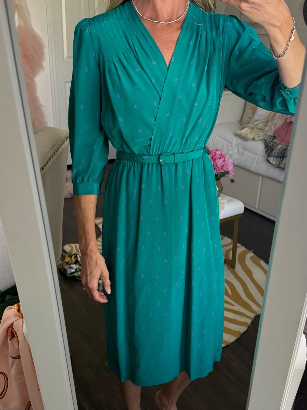 Vintage Maggie London Silk Midi Dress Jeannene Booher Teal CBK 4